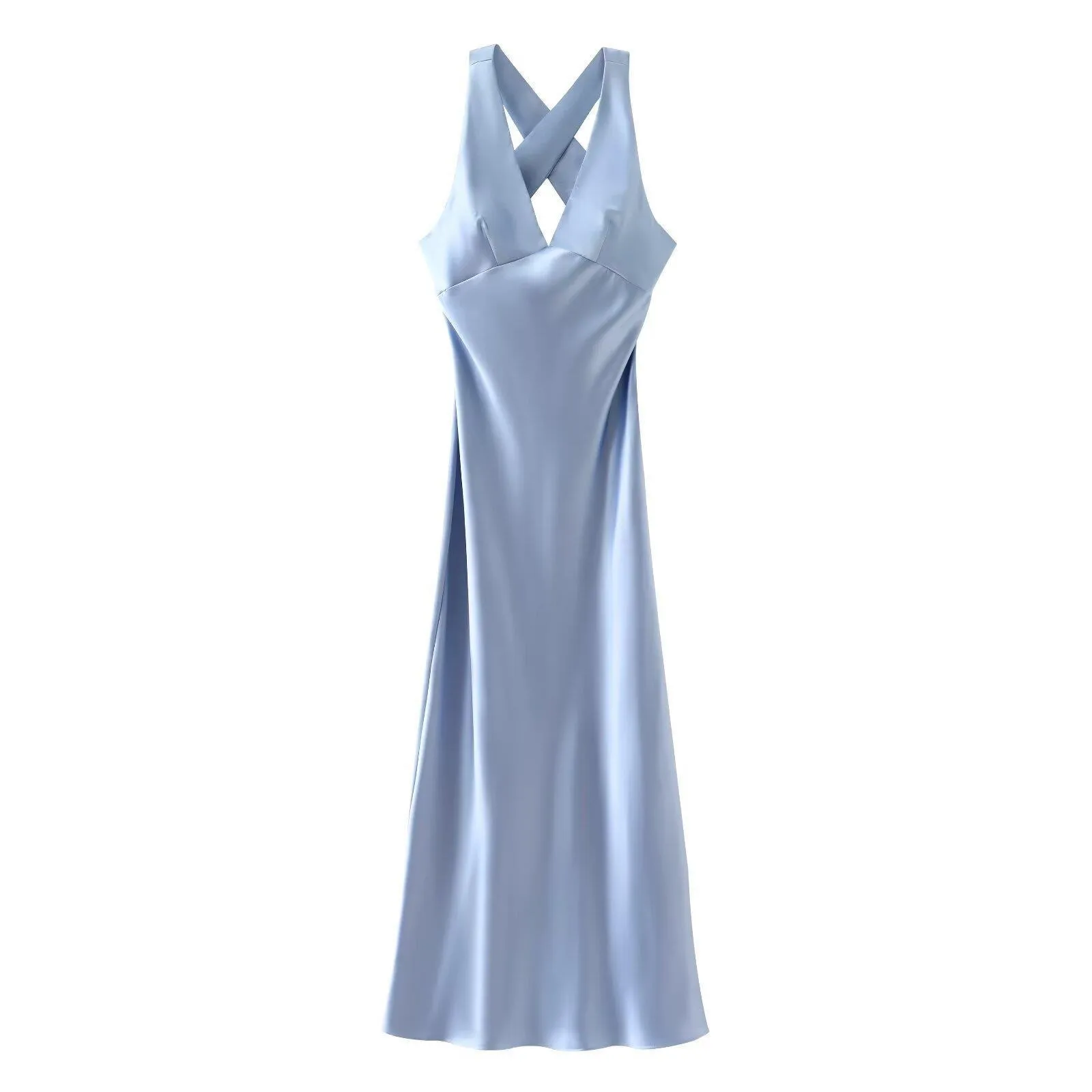 Elegant European Women's Fashion Neckline Backless Split Long Dress V-neck Sleeveless Ankle-length Pure Color Polyester Dress display picture 7