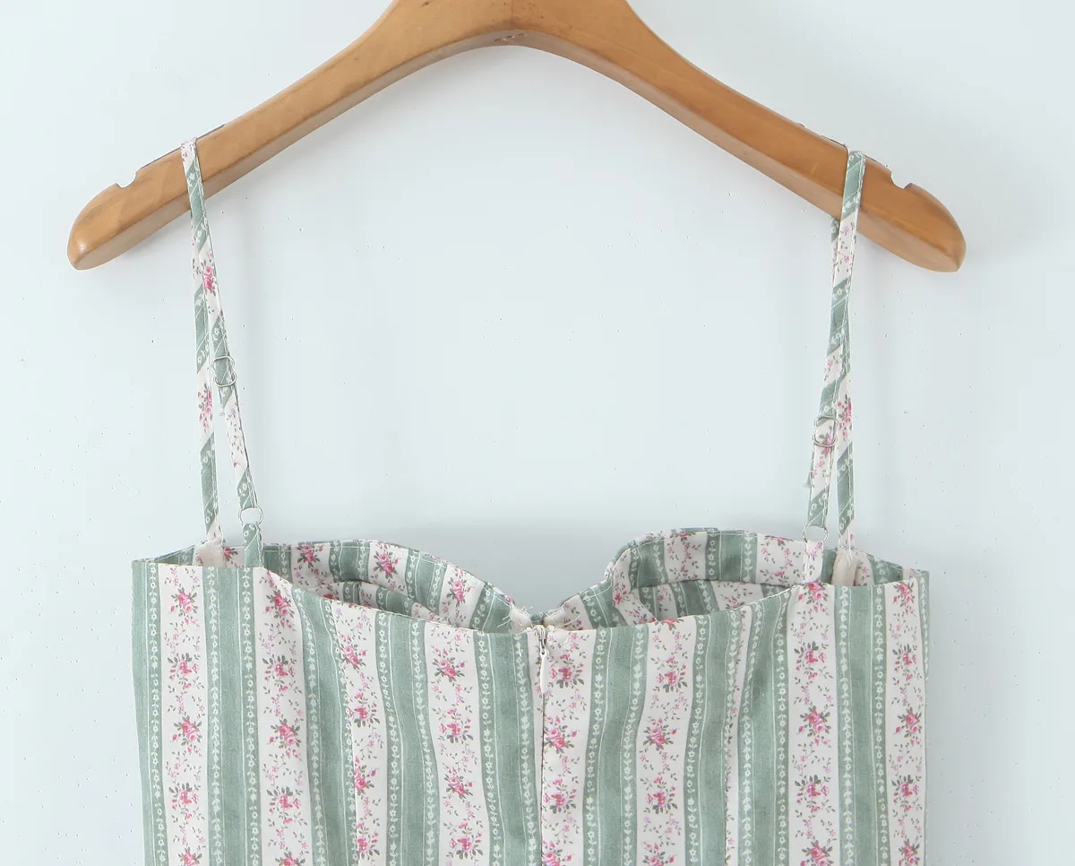 Elegant Green Striped Print 3D Steel Ring Waist Cinched Pleated Dress European Women's Fashion Floral Design V-neck Sleeveless Ankle-length display picture 13