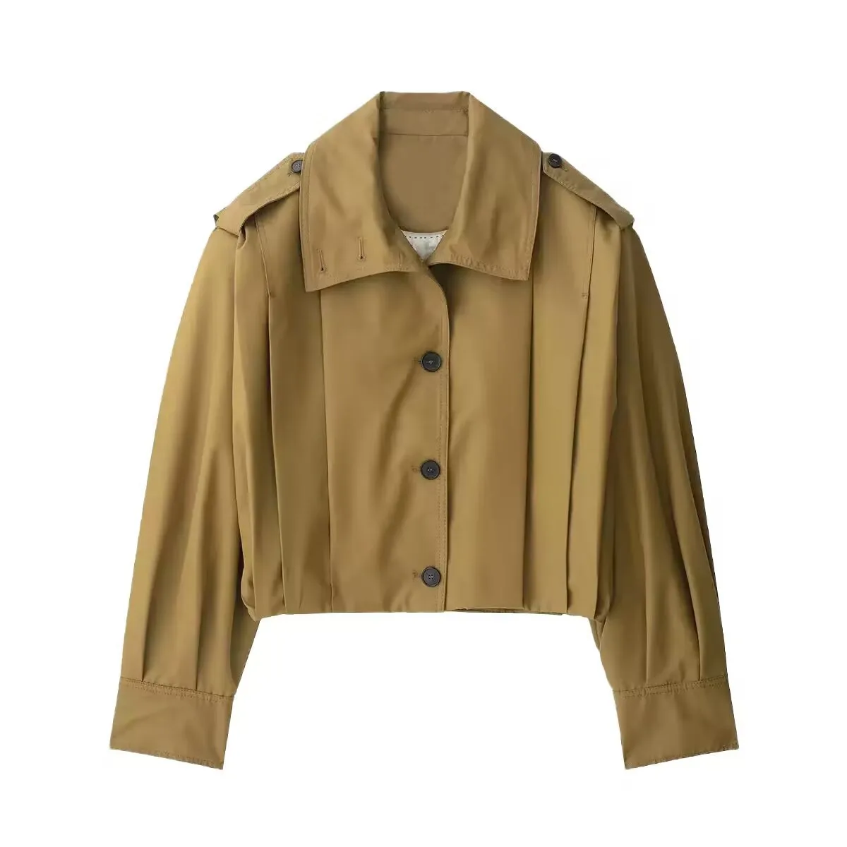 Elegant High Collar Pleated Decorative Coat  Women's Fashion Pure Color Polyester Long Sleeve Short Coat display picture 4