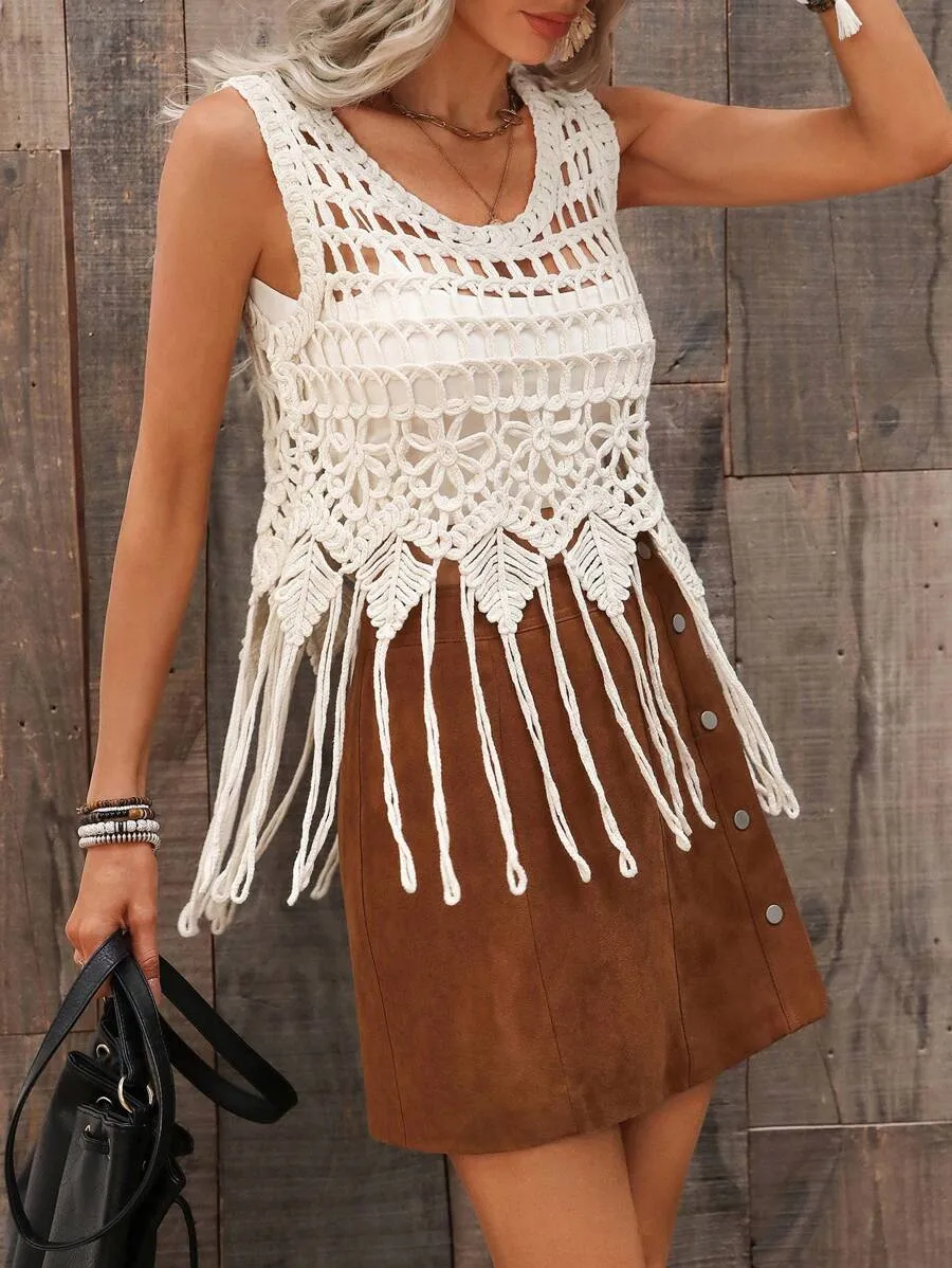 Casual Round Neck Pullover Sweater Women's Regular Fit Polyester Spring Summer Autumn Wear Tassel Hollow Out Design Holiday Indoor Outdoor display picture 2