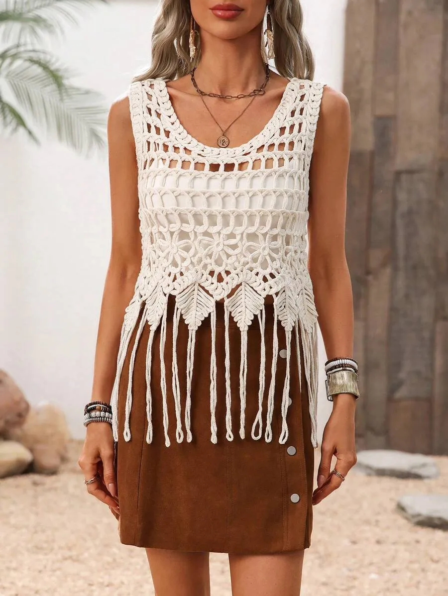Casual Round Neck Pullover Sweater Women's Regular Fit Polyester Spring Summer Autumn Wear Tassel Hollow Out Design Holiday Indoor Outdoor display picture 1