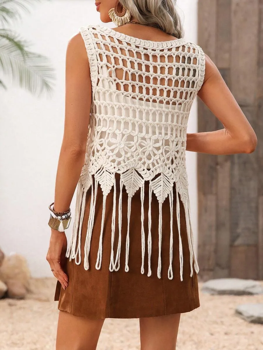 Casual Round Neck Pullover Sweater Women's Regular Fit Polyester Spring Summer Autumn Wear Tassel Hollow Out Design Holiday Indoor Outdoor display picture 5