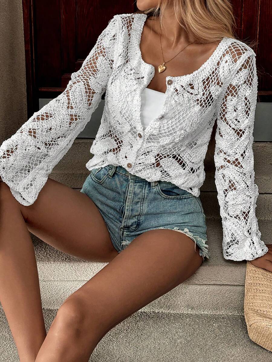 Heavy Knitted Long Sleeve Open Cardigan Hollow Design Casual Style Pure Color Polyester Fabric Spring Summer Autumn Women's Top display picture 9