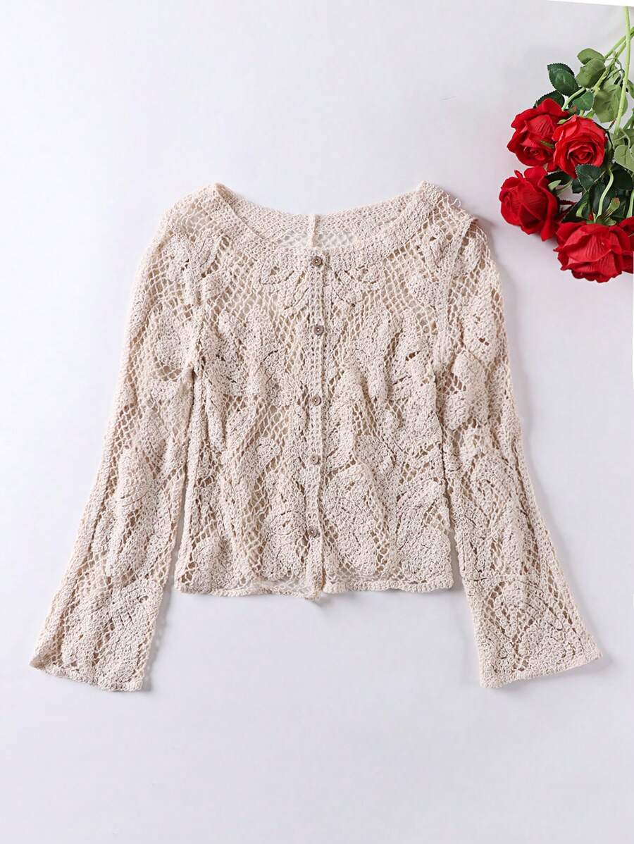 Heavy Knitted Long Sleeve Open Cardigan Hollow Design Casual Style Pure Color Polyester Fabric Spring Summer Autumn Women's Top display picture 3