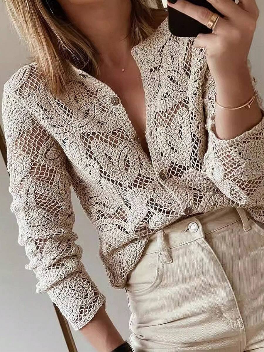 Heavy Knitted Long Sleeve Open Cardigan Hollow Design Casual Style Pure Color Polyester Fabric Spring Summer Autumn Women's Top display picture 8