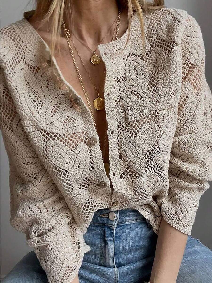 Heavy Knitted Long Sleeve Open Cardigan Hollow Design Casual Style Pure Color Polyester Fabric Spring Summer Autumn Women's Top display picture 11