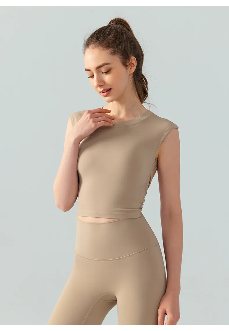 Spring Summer Yoga Short Sleeve Women's Fixed Chest Pad Sexy Backless Short Sport T-Shirt Waist Shaping Slimming Fitness Vest display picture 10