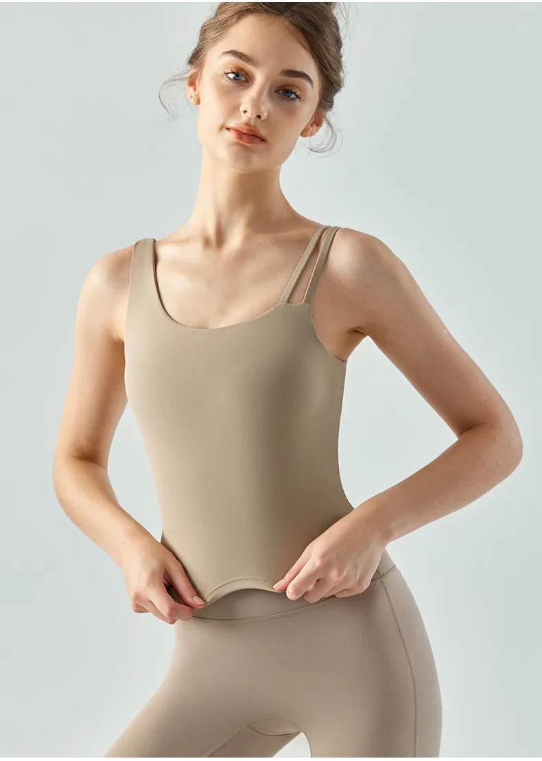 Women's Long Slim Fit Yoga Vest Fitness Clothing Pure Color Back Exposing Design Half Fixed Waterdrop Cup Design display picture 1