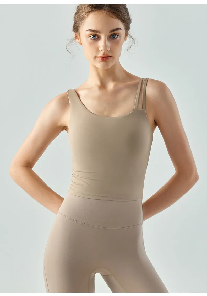 Women's Long Slim Fit Yoga Vest Fitness Clothing Pure Color Back Exposing Design Half Fixed Waterdrop Cup Design display picture 11