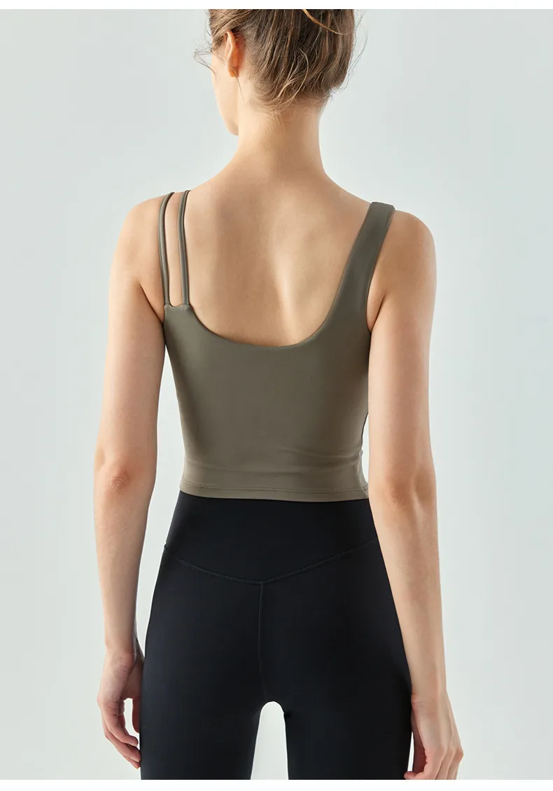 Women's Long Slim Fit Yoga Vest Fitness Clothing Pure Color Back Exposing Design Half Fixed Waterdrop Cup Design display picture 16