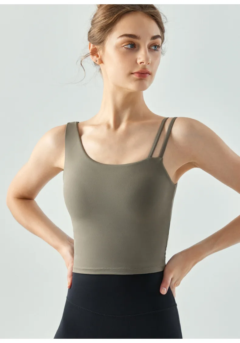 Women's Long Slim Fit Yoga Vest Fitness Clothing Pure Color Back Exposing Design Half Fixed Waterdrop Cup Design display picture 17