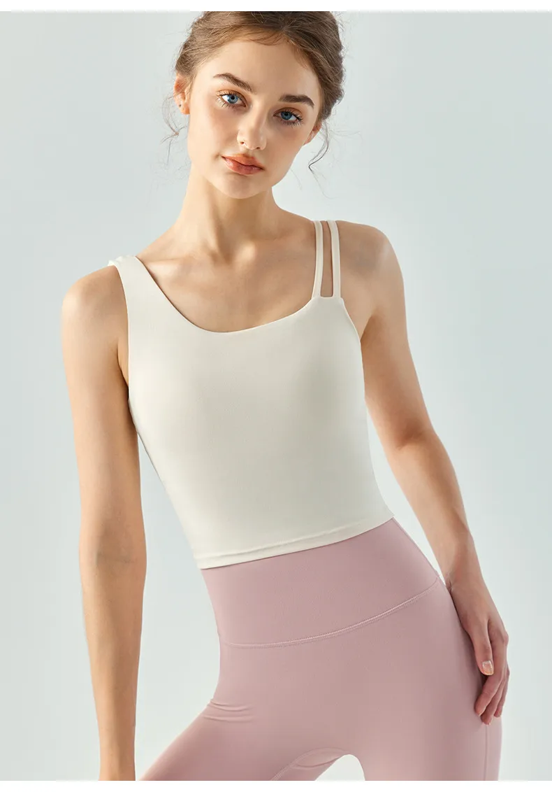 Women's Long Slim Fit Yoga Vest Fitness Clothing Pure Color Back Exposing Design Half Fixed Waterdrop Cup Design display picture 18