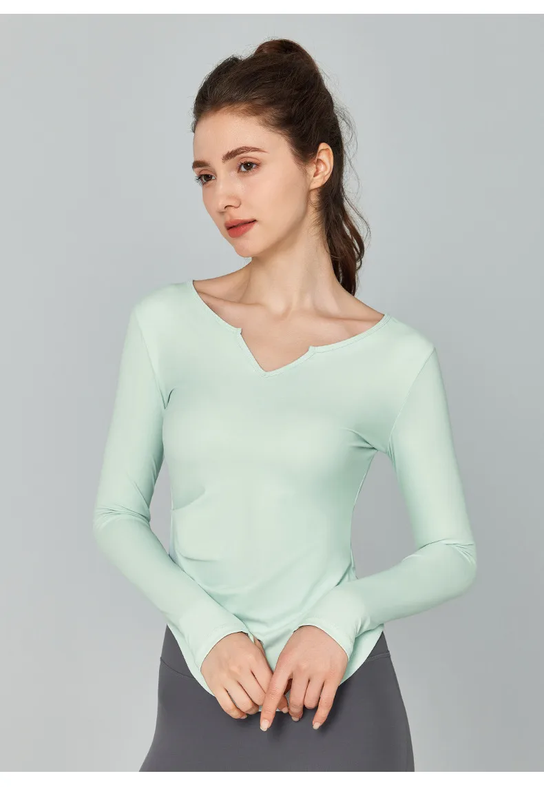 Fall Winter V-Neck Long Sleeve Yoga Fitness Training Top Breathable Quick Dry Solid Color Outdoor Running Sportswear display picture 5