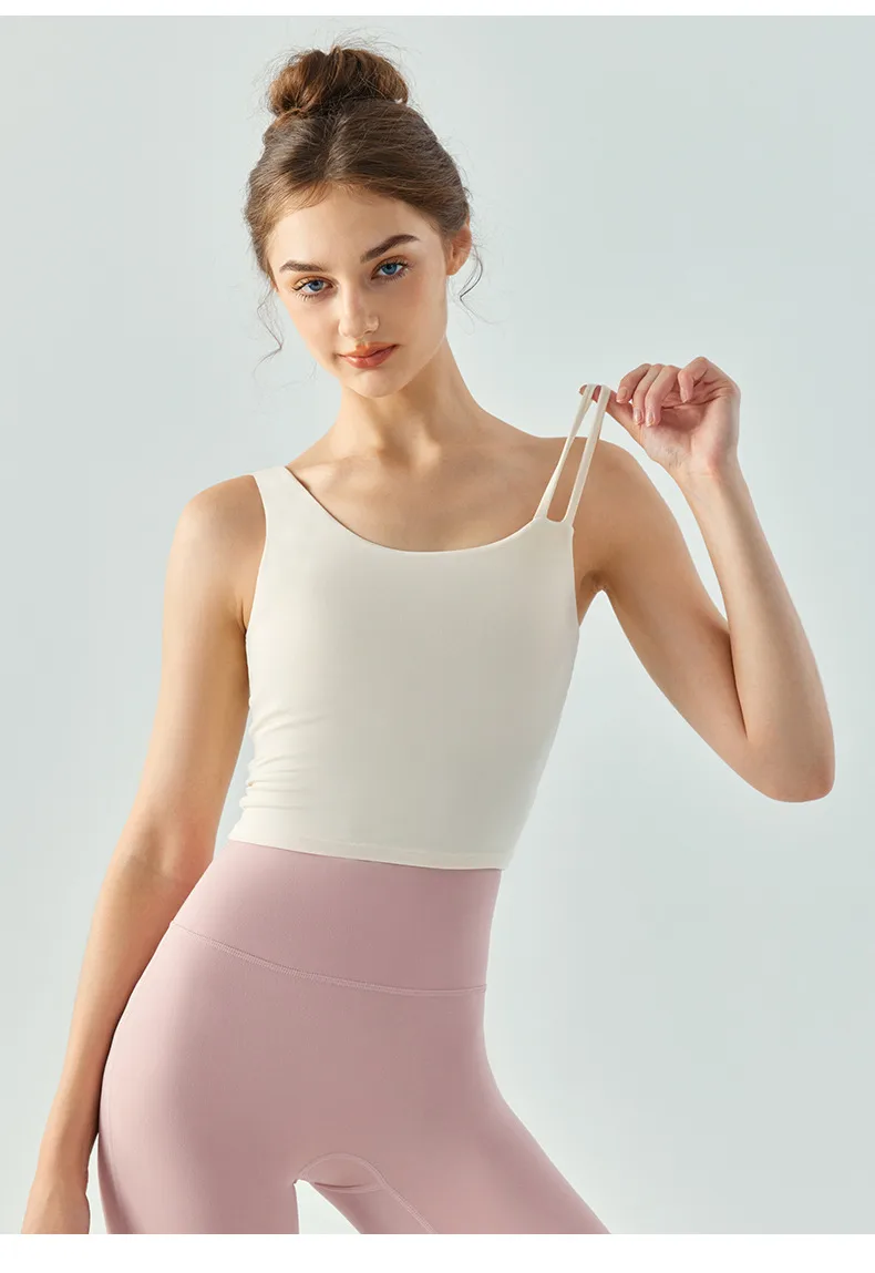 Women's Long Slim Fit Yoga Vest Fitness Clothing Pure Color Back Exposing Design Half Fixed Waterdrop Cup Design display picture 20