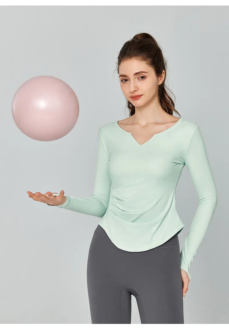 Fall Winter V-Neck Long Sleeve Yoga Fitness Training Top Breathable Quick Dry Solid Color Outdoor Running Sportswear display picture 7