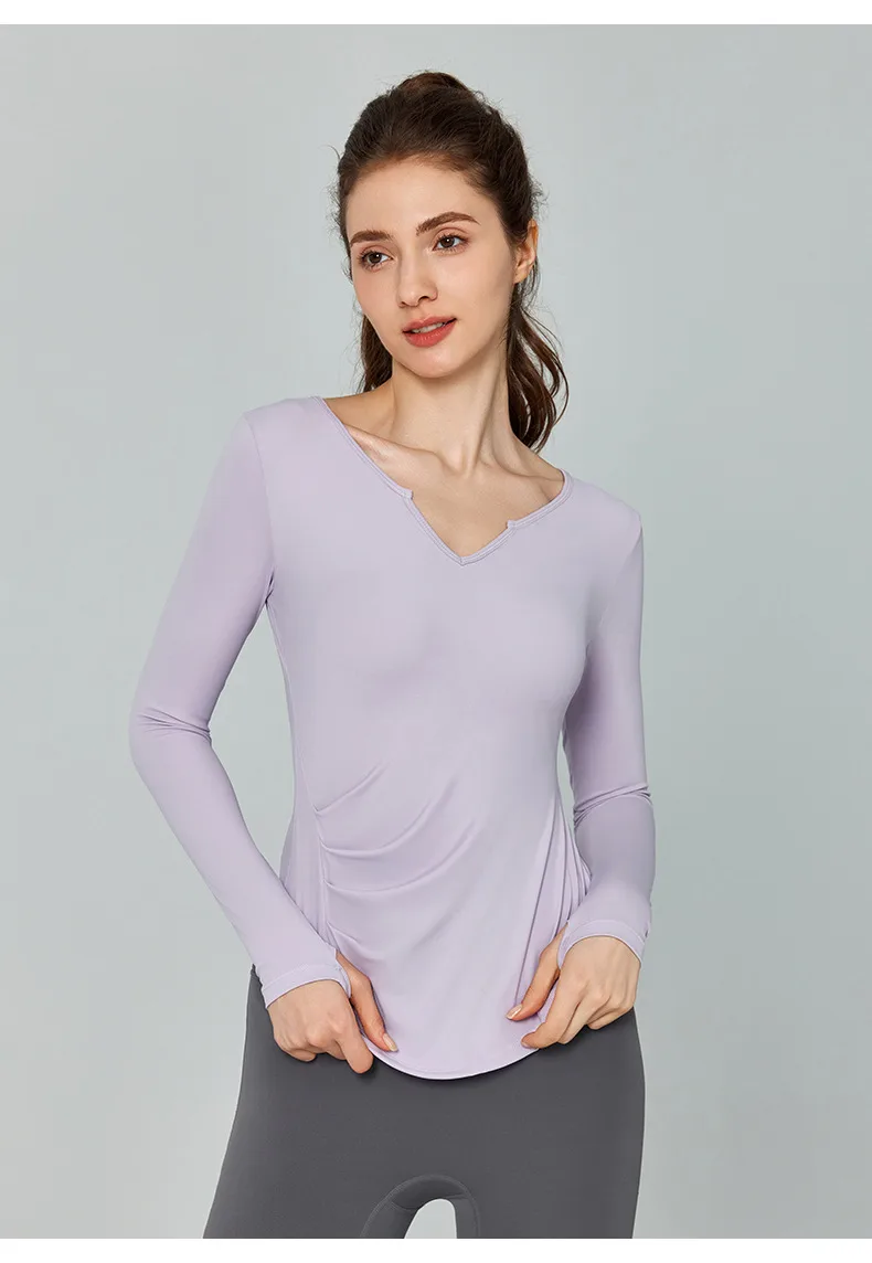 Fall Winter V-Neck Long Sleeve Yoga Fitness Training Top Breathable Quick Dry Solid Color Outdoor Running Sportswear display picture 8