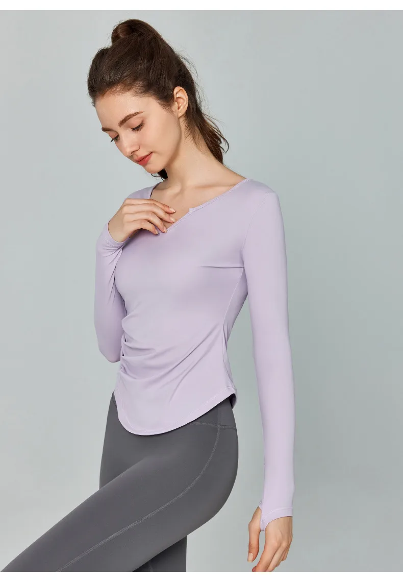 Fall Winter V-Neck Long Sleeve Yoga Fitness Training Top Breathable Quick Dry Solid Color Outdoor Running Sportswear display picture 10