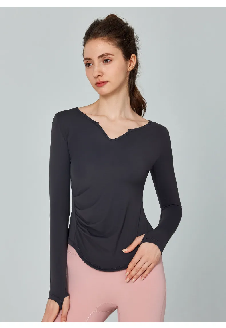 Fall Winter V-Neck Long Sleeve Yoga Fitness Training Top Breathable Quick Dry Solid Color Outdoor Running Sportswear display picture 14