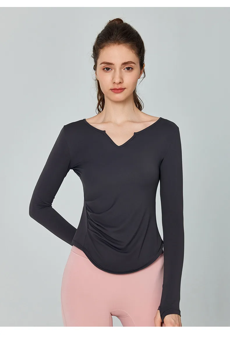 Fall Winter V-Neck Long Sleeve Yoga Fitness Training Top Breathable Quick Dry Solid Color Outdoor Running Sportswear display picture 16