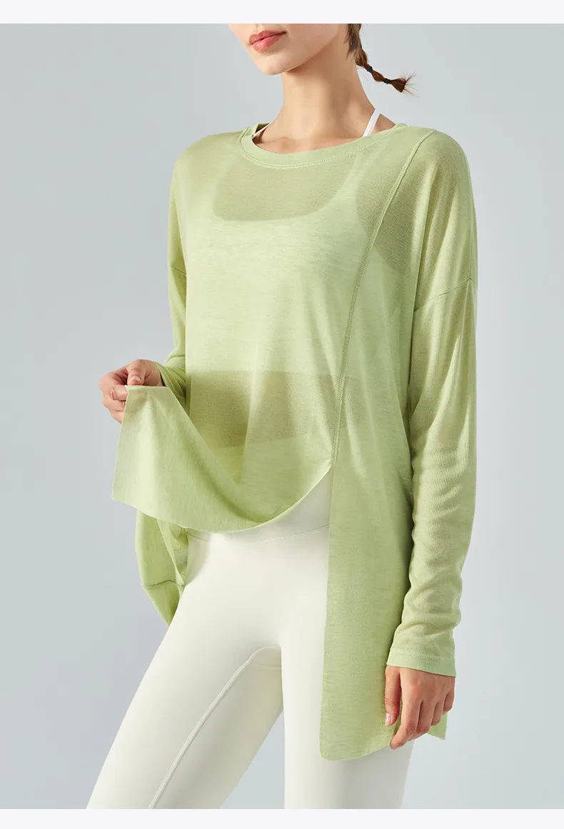 Lightweight Long Sleeve Yoga Cover Up Top For Women Running Fitness Loose Fit Sportswear Summer Thin Single Side Slit Design display picture 11