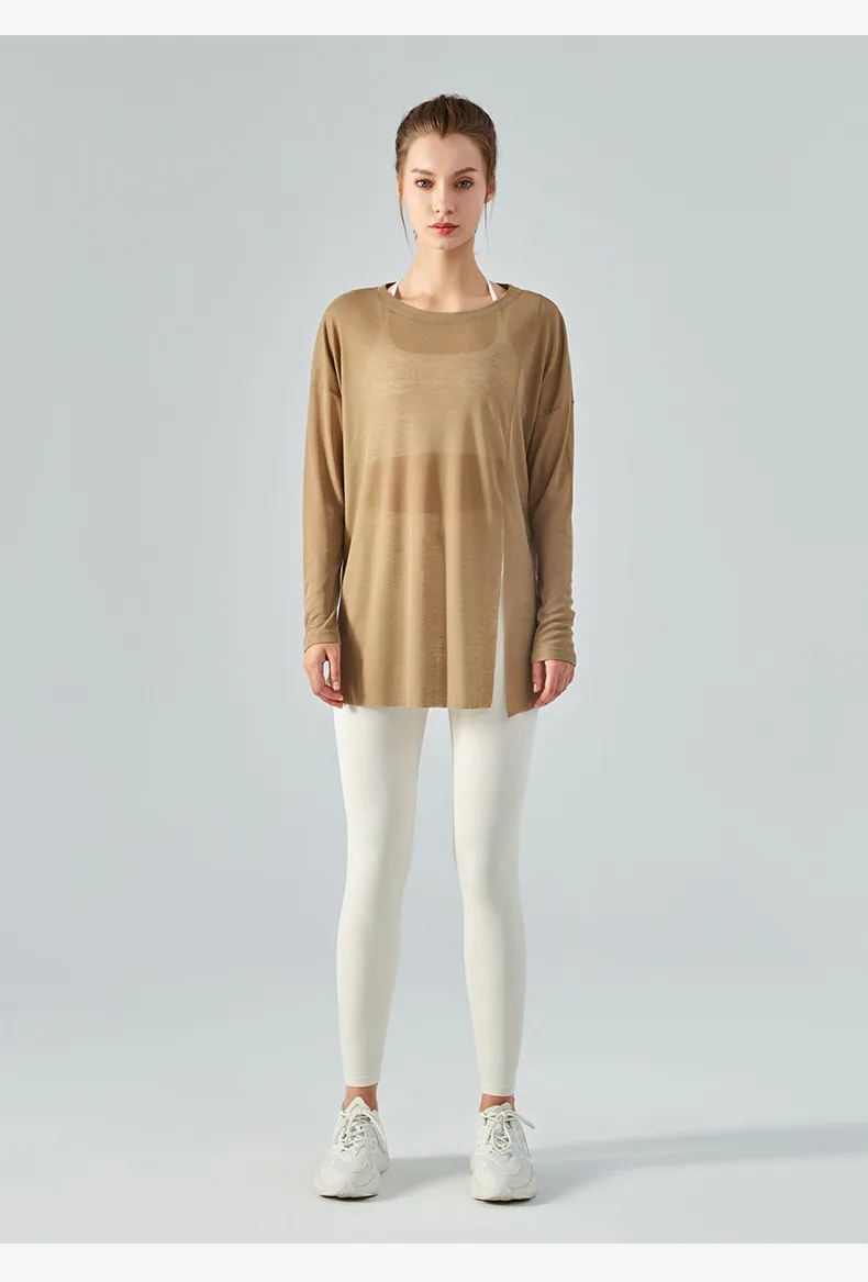 Lightweight Long Sleeve Yoga Cover Up Top For Women Running Fitness Loose Fit Sportswear Summer Thin Single Side Slit Design display picture 13