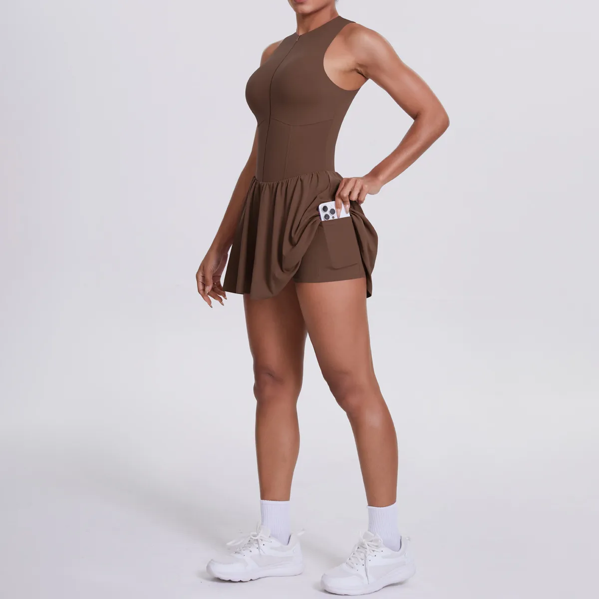 New Women's Outdoor Stand Collar Dress Running Anti-Light Base Skirt Tennis Skirt Yoga Wear Short Pure Color Fitness Running Special Use Nylon Fabric display picture 13