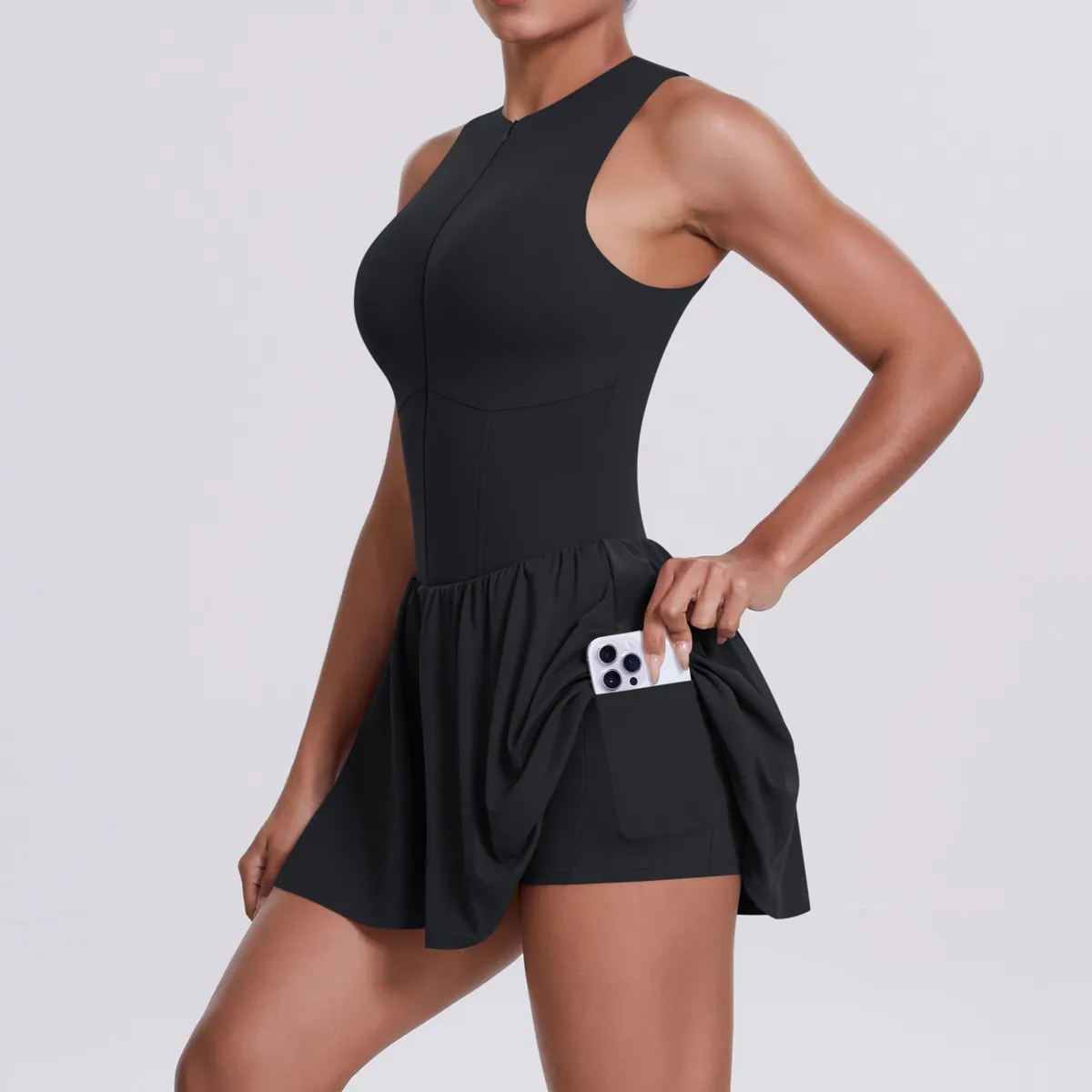 New Women's Outdoor Stand Collar Dress Running Anti-Light Base Skirt Tennis Skirt Yoga Wear Short Pure Color Fitness Running Special Use Nylon Fabric display picture 43