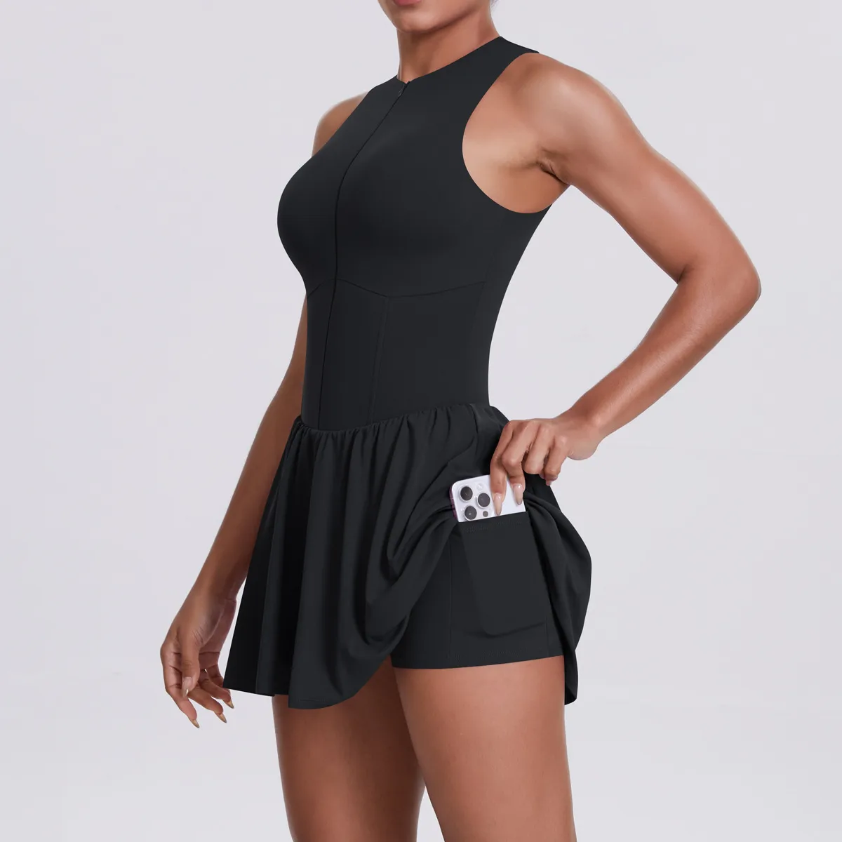 New Women's Outdoor Stand Collar Dress Running Anti-Light Base Skirt Tennis Skirt Yoga Wear Short Pure Color Fitness Running Special Use Nylon Fabric display picture 44