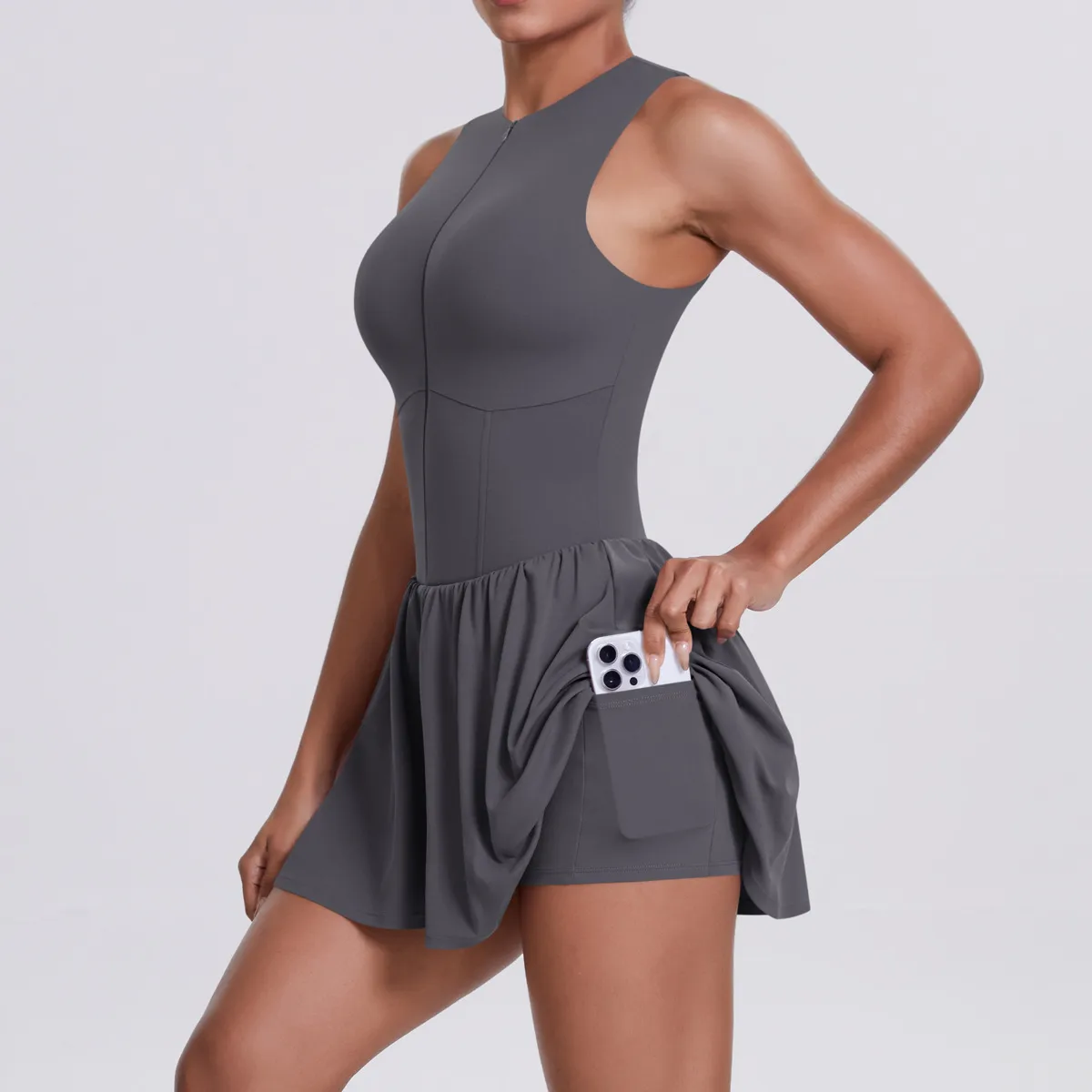 New Women's Outdoor Stand Collar Dress Running Anti-Light Base Skirt Tennis Skirt Yoga Wear Short Pure Color Fitness Running Special Use Nylon Fabric display picture 59