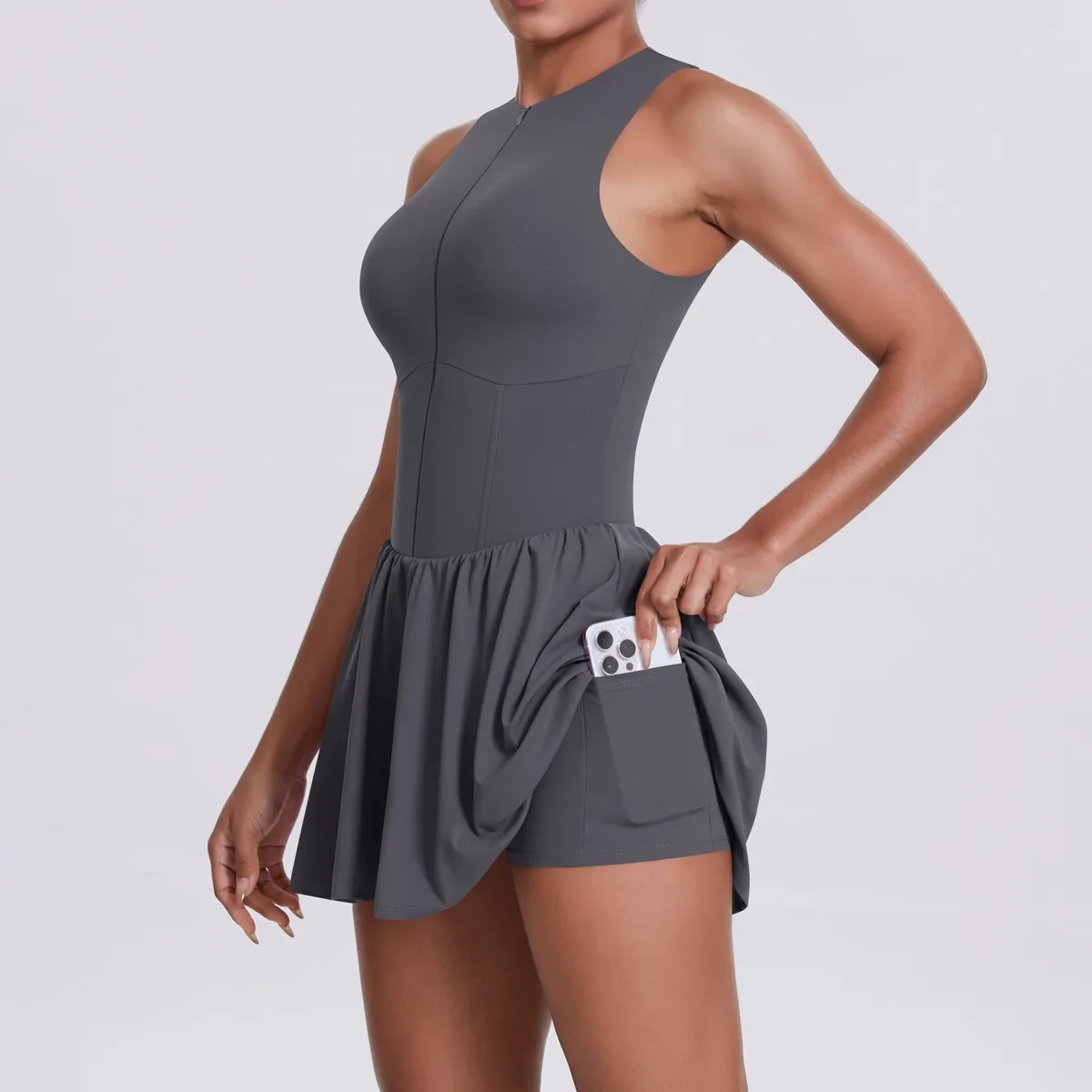 New Women's Outdoor Stand Collar Dress Running Anti-Light Base Skirt Tennis Skirt Yoga Wear Short Pure Color Fitness Running Special Use Nylon Fabric display picture 60
