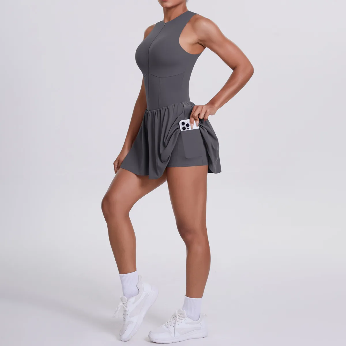New Women's Outdoor Stand Collar Dress Running Anti-Light Base Skirt Tennis Skirt Yoga Wear Short Pure Color Fitness Running Special Use Nylon Fabric display picture 61
