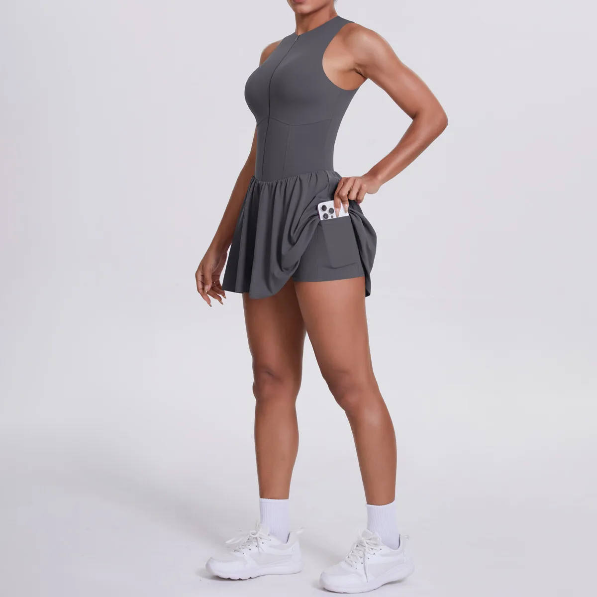 New Women's Outdoor Stand Collar Dress Running Anti-Light Base Skirt Tennis Skirt Yoga Wear Short Pure Color Fitness Running Special Use Nylon Fabric display picture 62