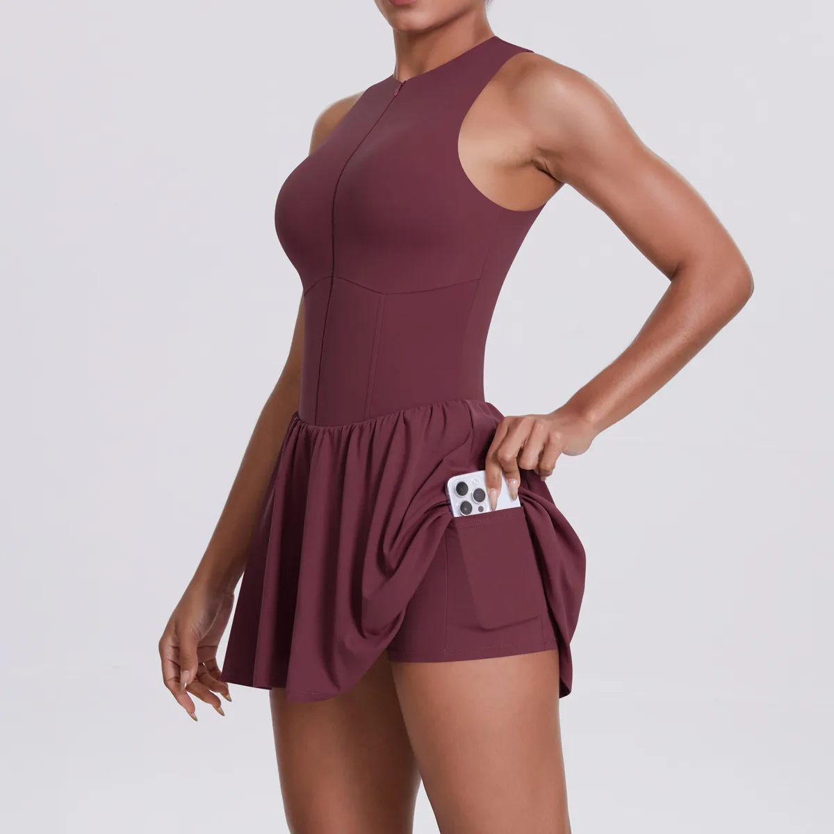 New Women's Outdoor Stand Collar Dress Running Anti-Light Base Skirt Tennis Skirt Yoga Wear Short Pure Color Fitness Running Special Use Nylon Fabric display picture 76