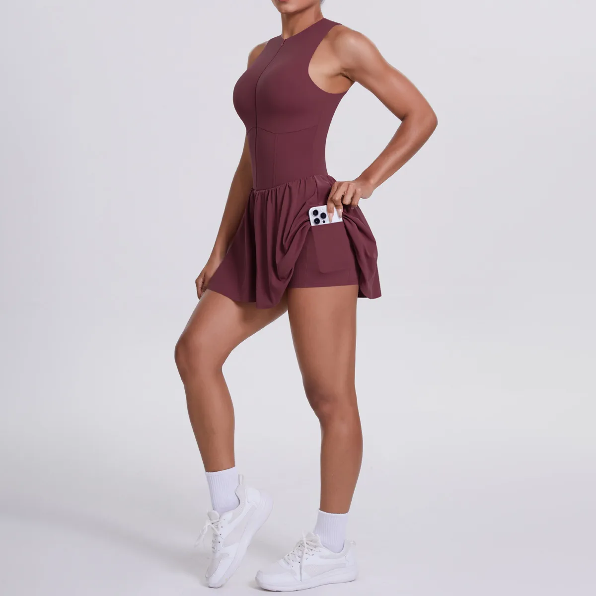 New Women's Outdoor Stand Collar Dress Running Anti-Light Base Skirt Tennis Skirt Yoga Wear Short Pure Color Fitness Running Special Use Nylon Fabric display picture 79