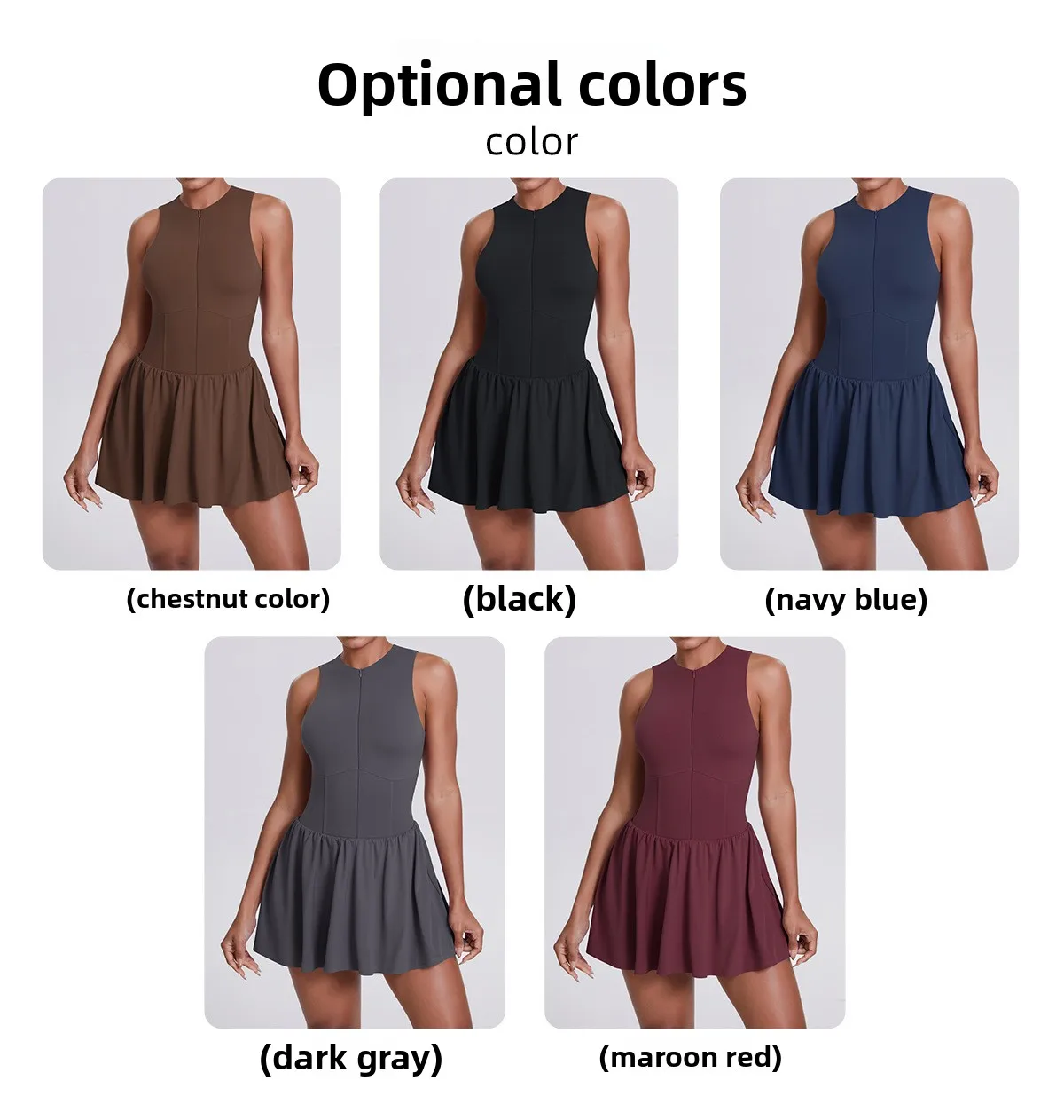 New Women's Outdoor Stand Collar Dress Running Anti-Light Base Skirt Tennis Skirt Yoga Wear Short Pure Color Fitness Running Special Use Nylon Fabric display picture 1