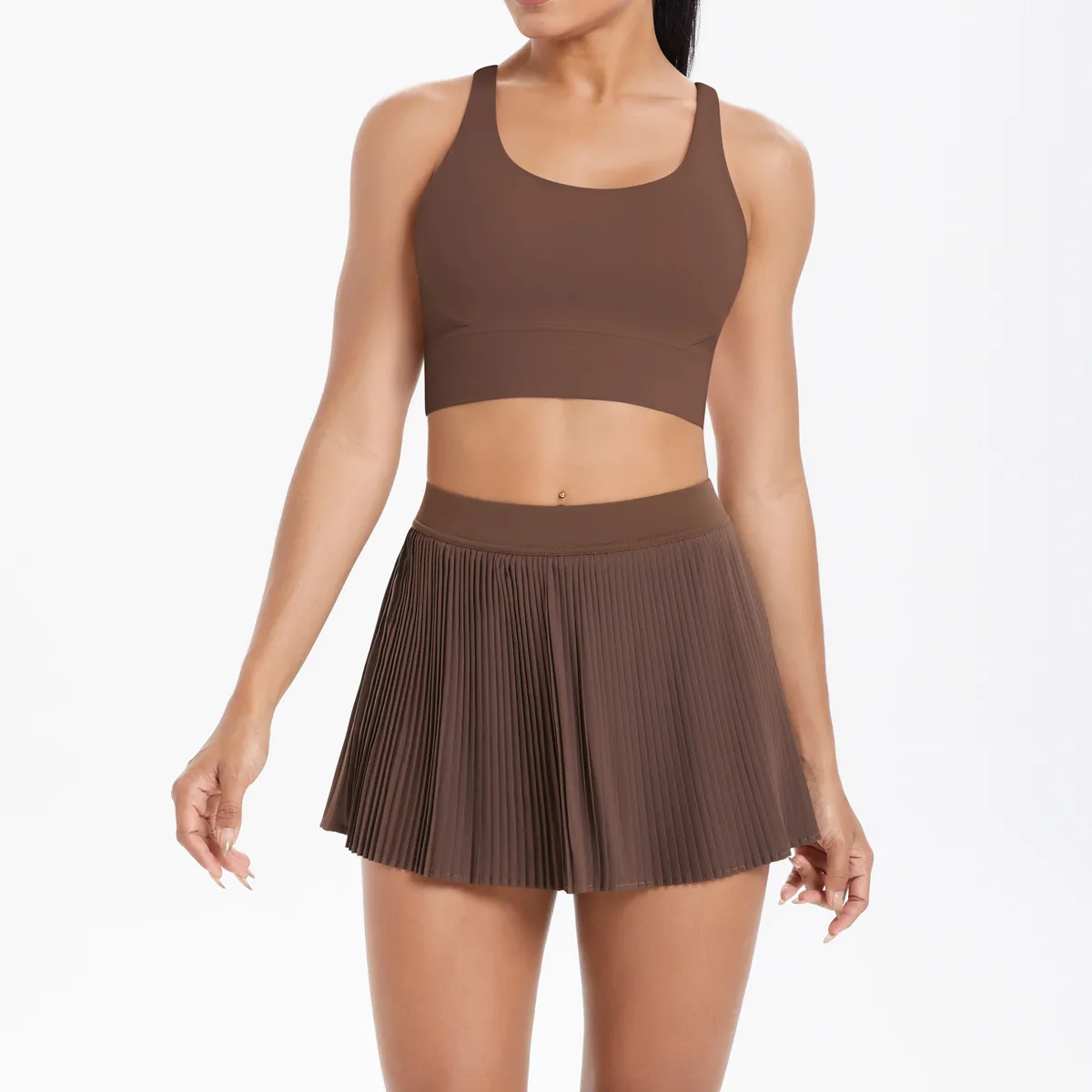 Cross Back Mini Skirt Set Running Fitness Training Yoga Clothes Pure Color Brushed Tight Two Piece Set For Sports And Fitness display picture 4