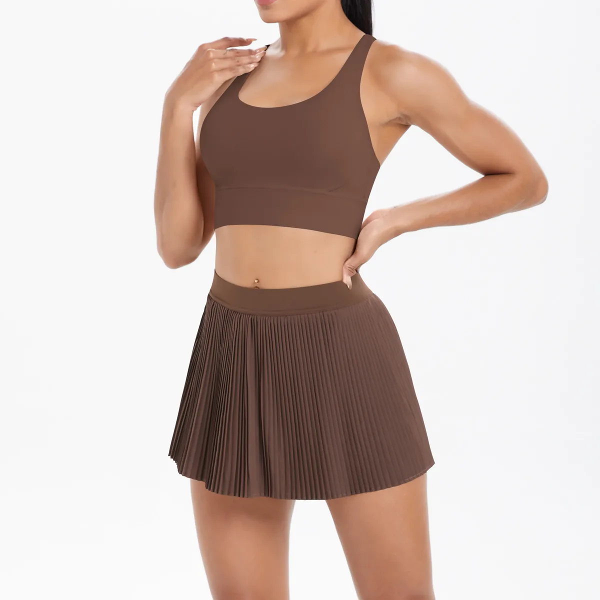 Cross Back Mini Skirt Set Running Fitness Training Yoga Clothes Pure Color Brushed Tight Two Piece Set For Sports And Fitness display picture 10