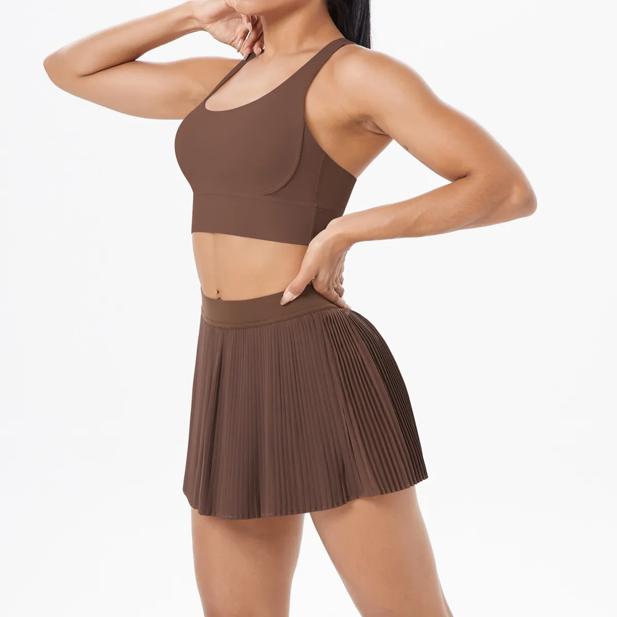 Cross Back Mini Skirt Set Running Fitness Training Yoga Clothes Pure Color Brushed Tight Two Piece Set For Sports And Fitness display picture 11