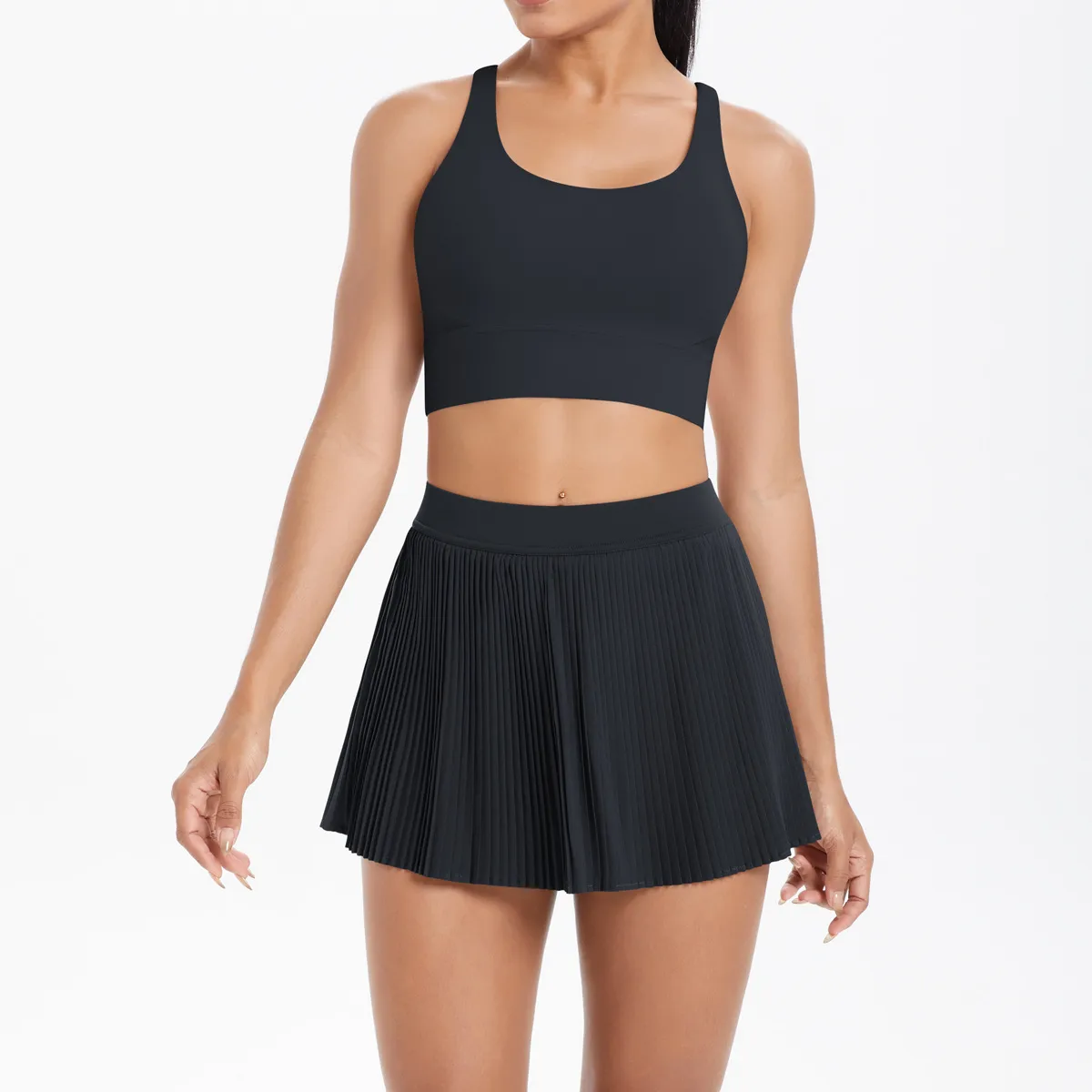 Cross Back Mini Skirt Set Running Fitness Training Yoga Clothes Pure Color Brushed Tight Two Piece Set For Sports And Fitness display picture 14