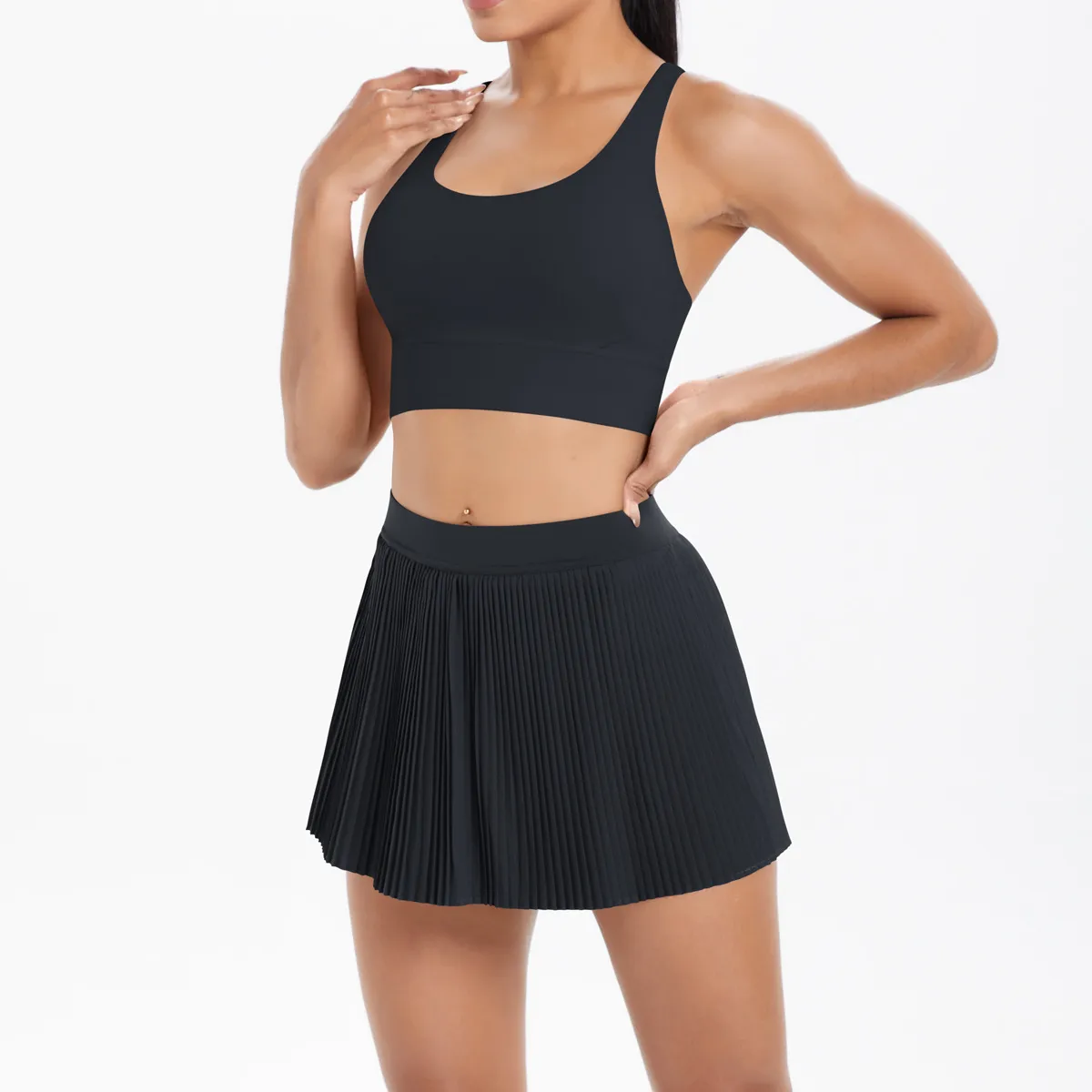 Cross Back Mini Skirt Set Running Fitness Training Yoga Clothes Pure Color Brushed Tight Two Piece Set For Sports And Fitness display picture 19