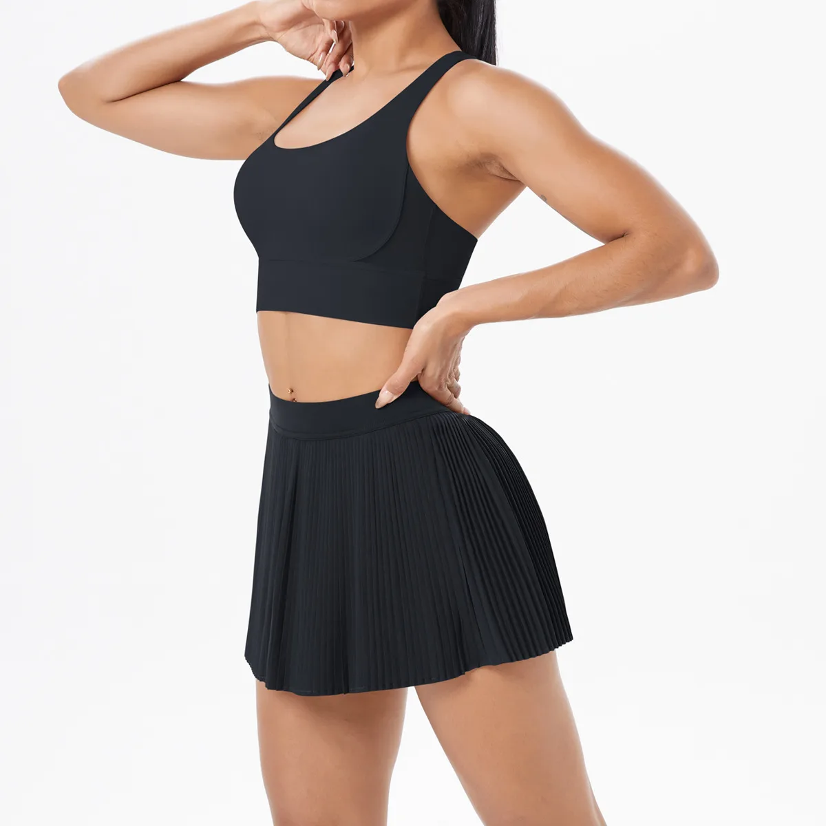 Cross Back Mini Skirt Set Running Fitness Training Yoga Clothes Pure Color Brushed Tight Two Piece Set For Sports And Fitness display picture 21