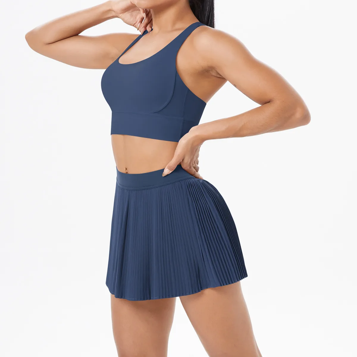 Cross Back Mini Skirt Set Running Fitness Training Yoga Clothes Pure Color Brushed Tight Two Piece Set For Sports And Fitness display picture 29