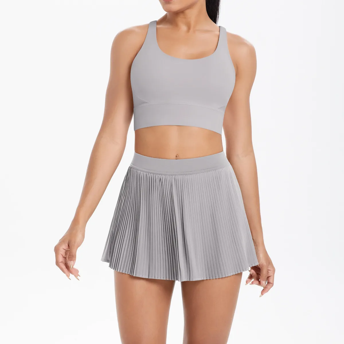 Cross Back Mini Skirt Set Running Fitness Training Yoga Clothes Pure Color Brushed Tight Two Piece Set For Sports And Fitness display picture 42