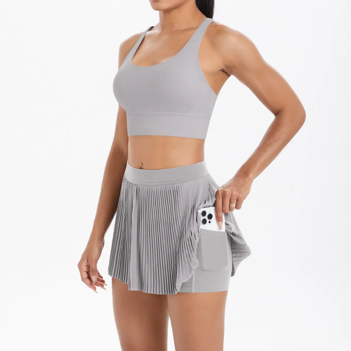 Cross Back Mini Skirt Set Running Fitness Training Yoga Clothes Pure Color Brushed Tight Two Piece Set For Sports And Fitness display picture 44