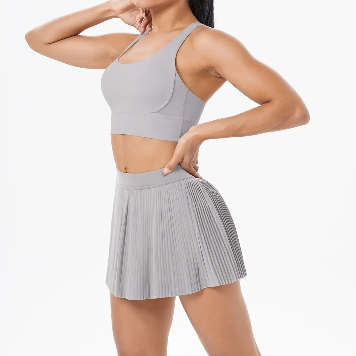 Cross Back Mini Skirt Set Running Fitness Training Yoga Clothes Pure Color Brushed Tight Two Piece Set For Sports And Fitness display picture 51