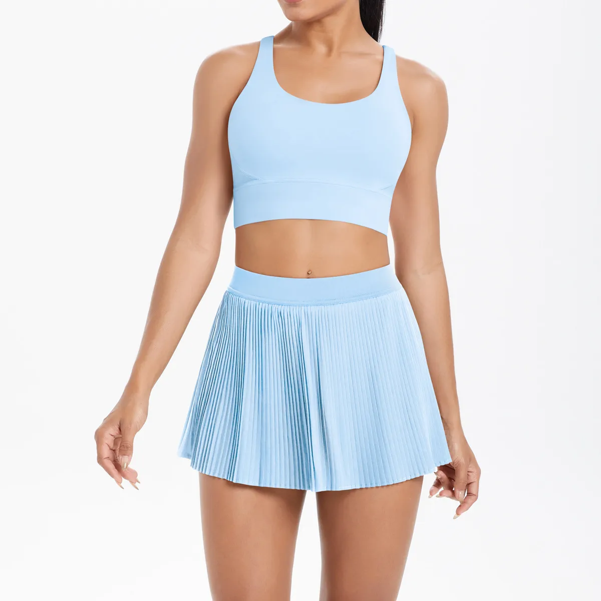 Cross Back Mini Skirt Set Running Fitness Training Yoga Clothes Pure Color Brushed Tight Two Piece Set For Sports And Fitness display picture 56