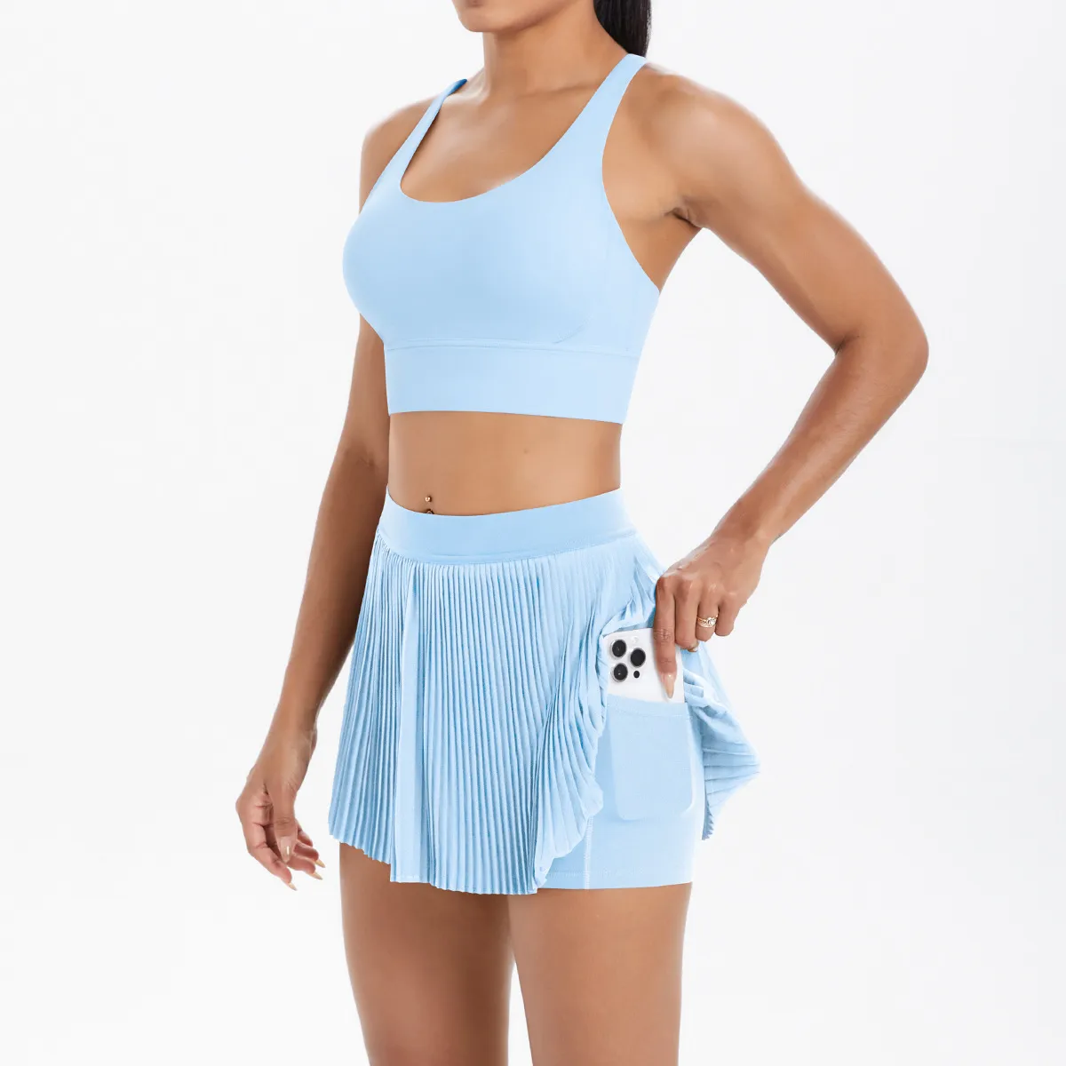 Cross Back Mini Skirt Set Running Fitness Training Yoga Clothes Pure Color Brushed Tight Two Piece Set For Sports And Fitness display picture 60