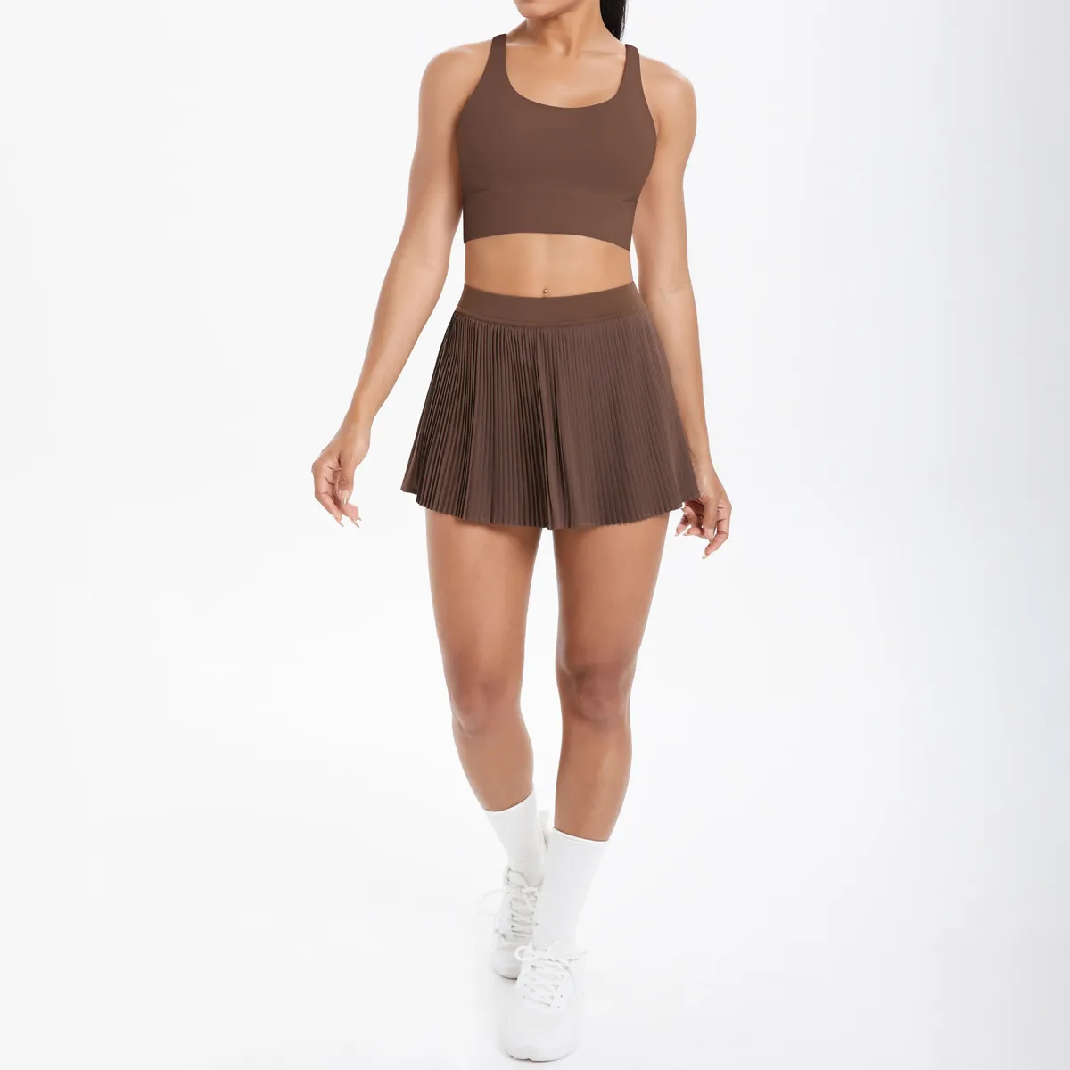 Cross Back Mini Skirt Set Running Fitness Training Yoga Clothes Pure Color Brushed Tight Two Piece Set For Sports And Fitness display picture 84
