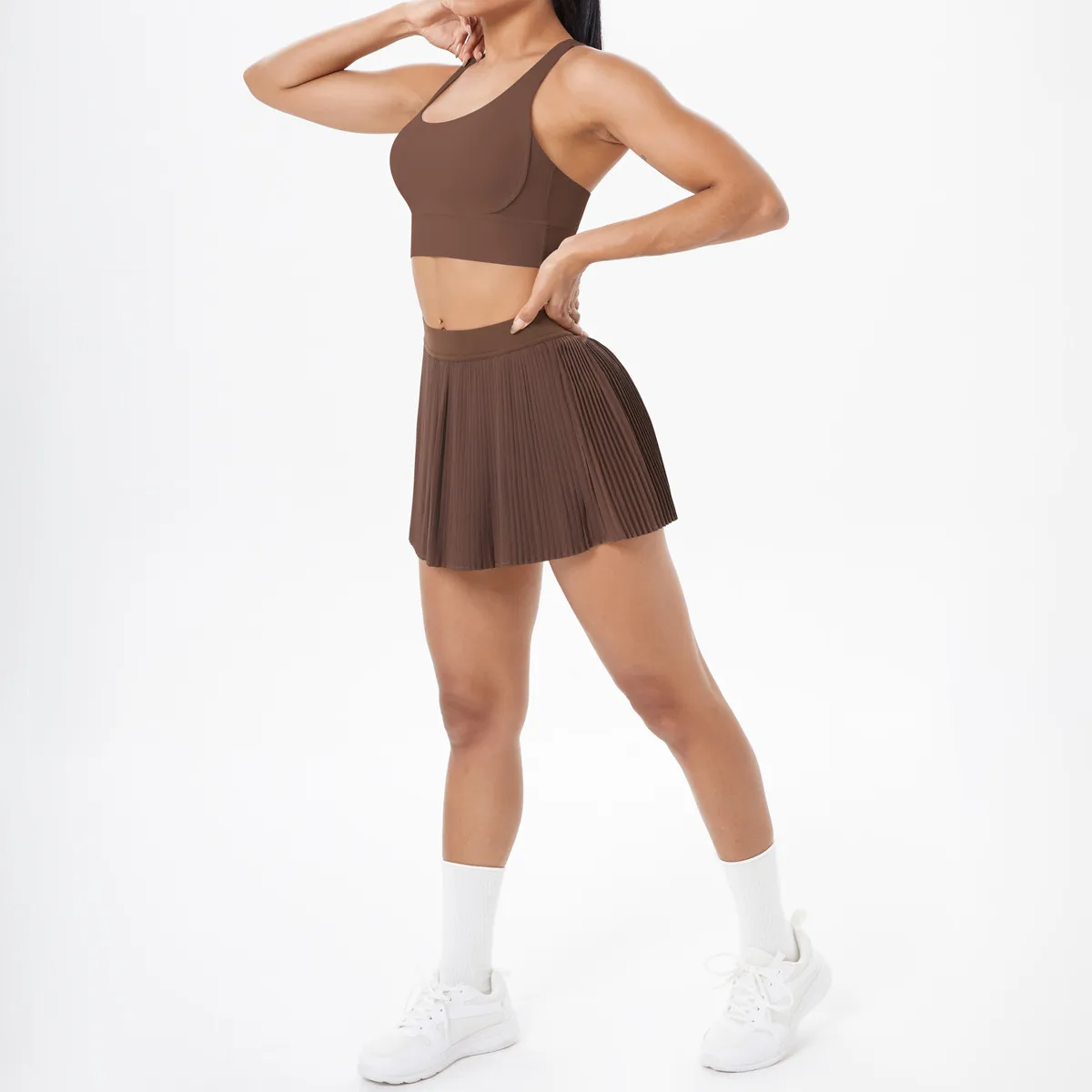 Cross Back Mini Skirt Set Running Fitness Training Yoga Clothes Pure Color Brushed Tight Two Piece Set For Sports And Fitness display picture 85