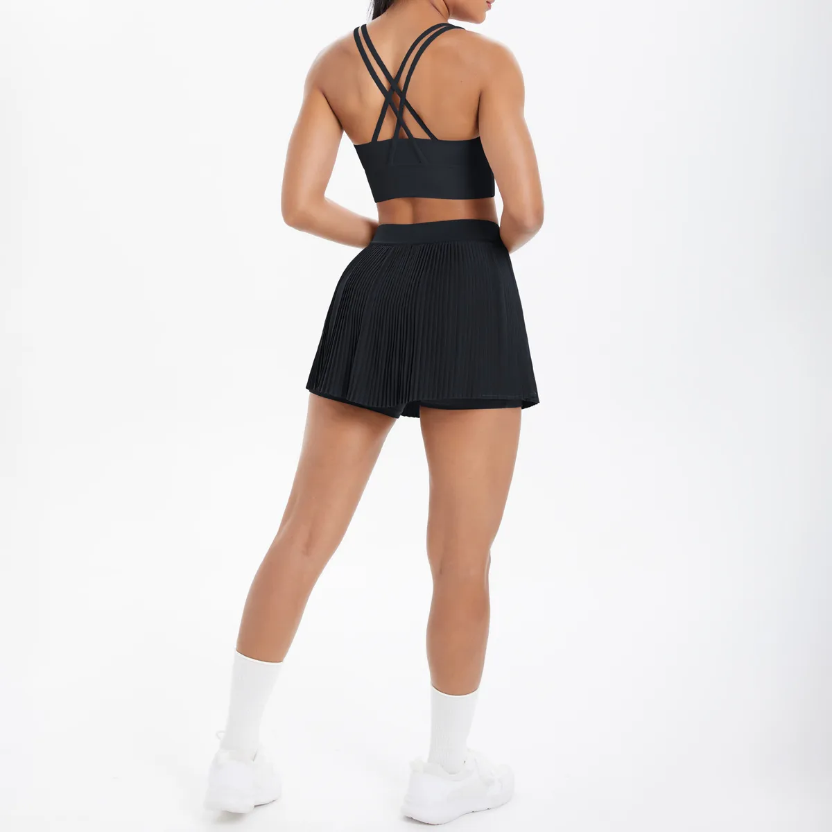 Cross Back Mini Skirt Set Running Fitness Training Yoga Clothes Pure Color Brushed Tight Two Piece Set For Sports And Fitness display picture 90